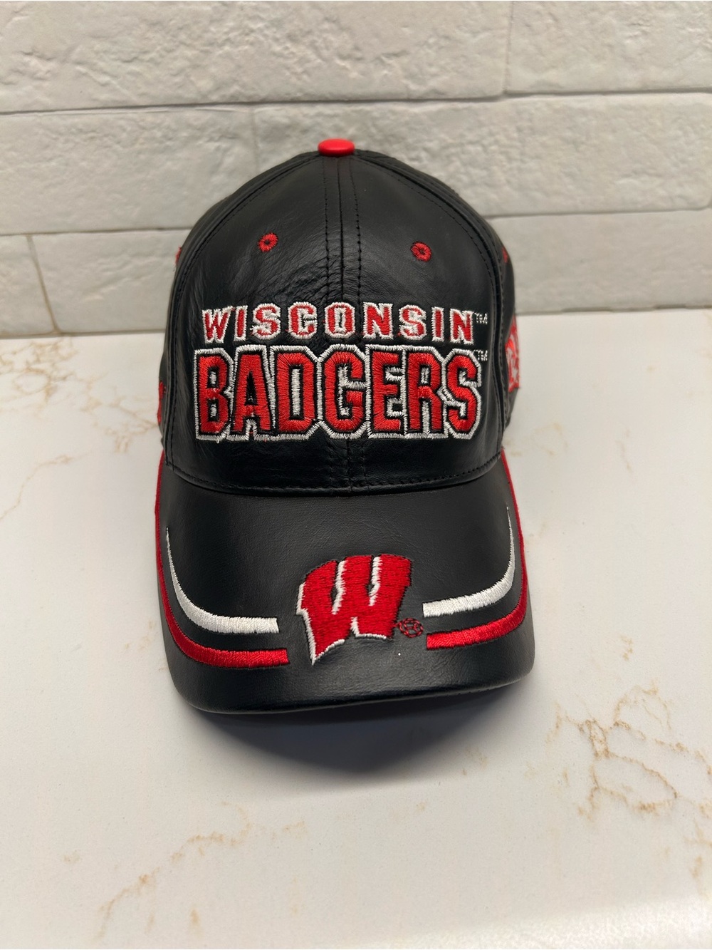 Vintage 90s Wisconsin Badgers Leather Hat Cap Adjustable Made in USA Modern NCAA